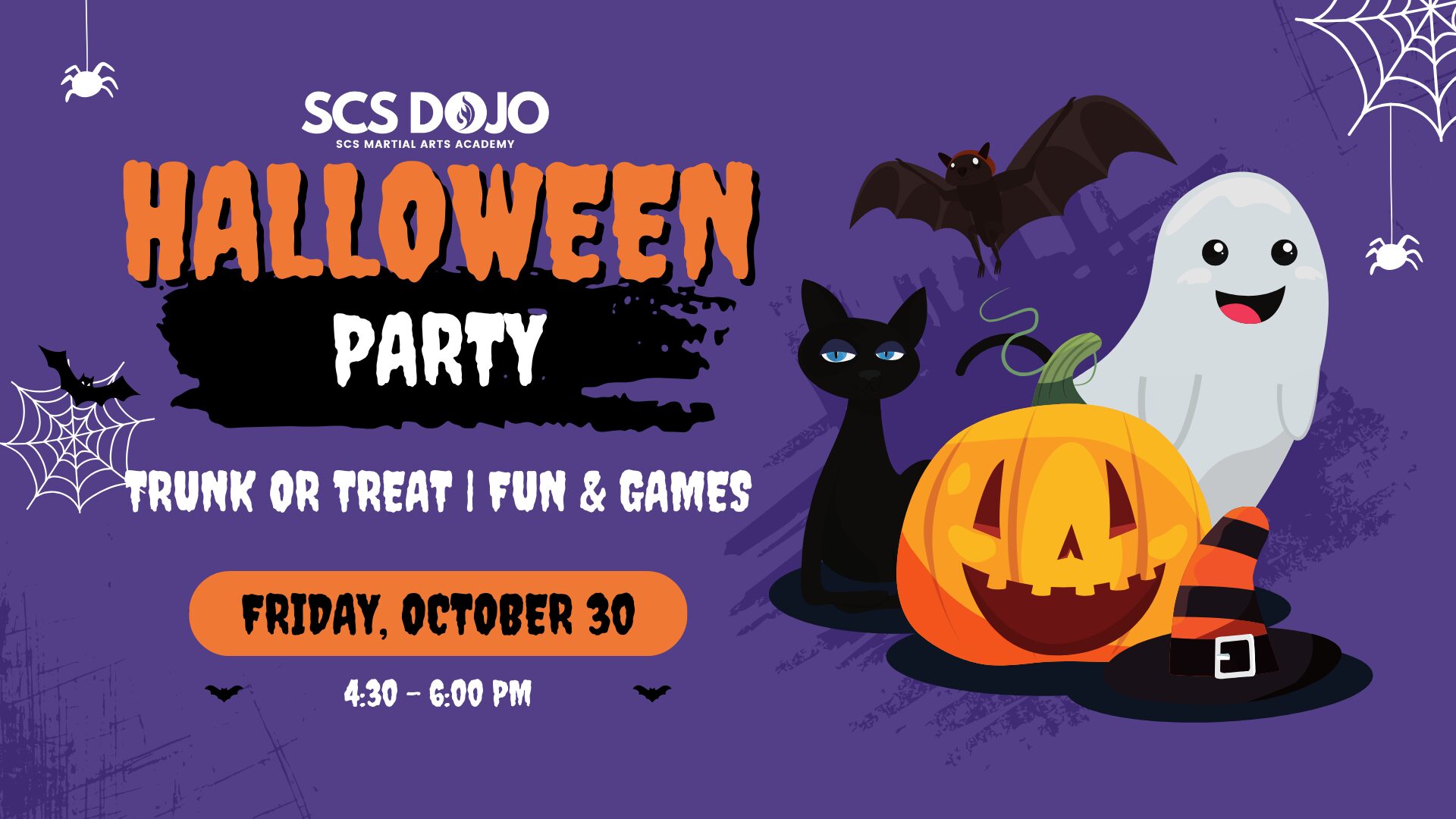 SCS Dojo Halloween Party — Trunk or Treat, Fun & Games. Friday, October 30, 4:30–6:00 PM